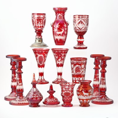 Lot 243 - Group of Bohemian Blown Ruby Cut to Clear Glass Table Articles
