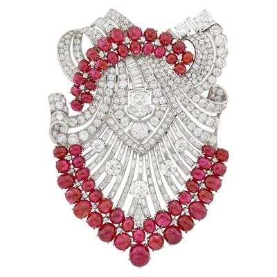 Lot 108 - Platinum, Diamond and Cabochon Ruby Clip-Brooch