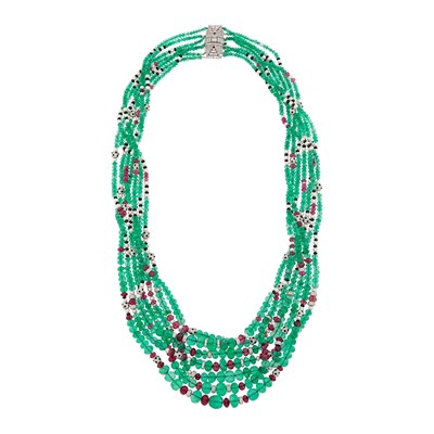 Lot 106 - Long Seven Strand Emerald, Garnet and Black Onyx Bead, Platinum, Diamond, Pearl and Black Onyx Necklace with Platinum and Diamond Clasp