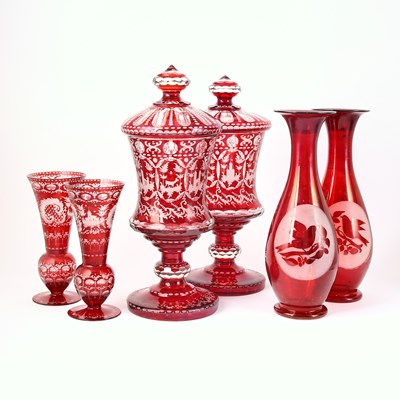 Lot 247 - Three Pairs of Bohemian Blown Ruby Cut to Clear Glass Vases