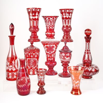 Lot 248 - Group of Bohemian Blown Ruby Cut to Clear Glass Table Articles