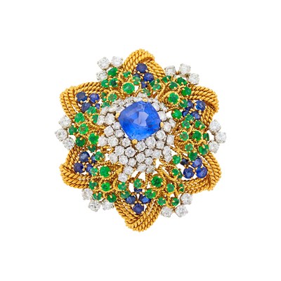 Lot 57 - David Webb Gold, Platinum, Sapphire, Emerald and Diamond Pendant Clip-Brooch