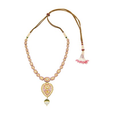 Lot 1163 - Indian Gold, Multicolored Enamel, Foil-Backed Diamond, Golden Cultured and Seed Pearl and Glass Bead Pendant-Necklace with Cord