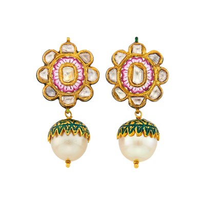 Lot 1030 - Pair of Indian Gold, Multicolored Enamel, Foil-Backed Diamond and Golden Cultured Pearl Pendant-Earrings
