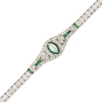 Lot 1142 - Platinum, Diamond and Simulated Emerald Bracelet