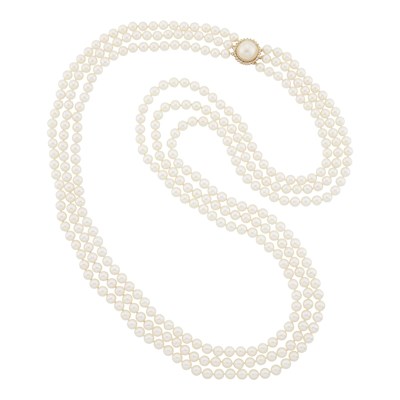 Lot 2139 - Long Triple Strand Cultured Pearl Necklace with Gold, Mabé Pearl and Diamond Clasp