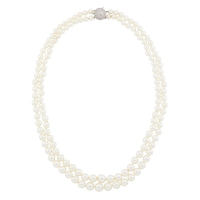 Lot 1035 - Double Strand Cultured Pearl Necklace with White Gold and Diamond Clasp