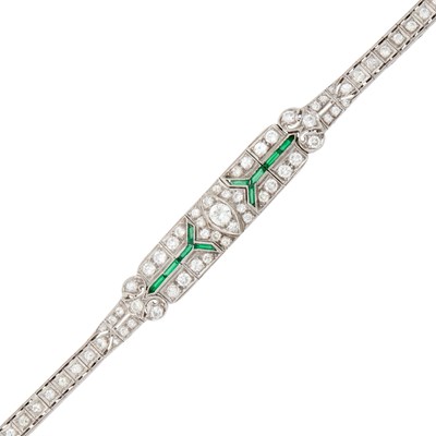 Lot 1144 - Platinum, Diamond and Simulated Emerald Bracelet