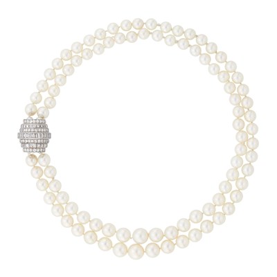 Lot 135 - Boucheron Paris Double Strand Cultured Pearl Necklace with Platinum, White Gold and Diamond Clasp