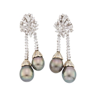 Lot 1045 - Pair of Platinum, Tahitian Gray Cultured Pearl and Diamond Pendant-Earclips