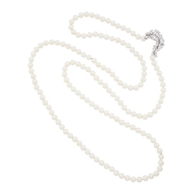 Lot 44 - Long Cultured Pearl Necklace with Platinum, White Gold and Diamond Cluster Attachment