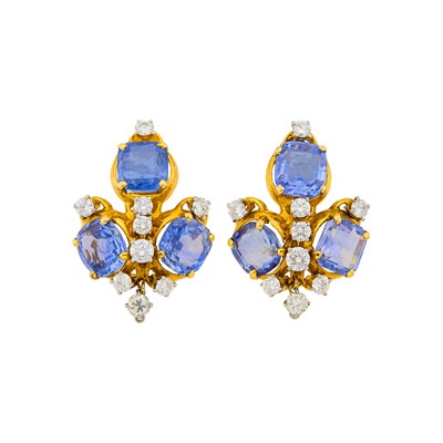 Lot 1167 - Pair of Gold, Platinum, Sapphire and Diamond Earclips