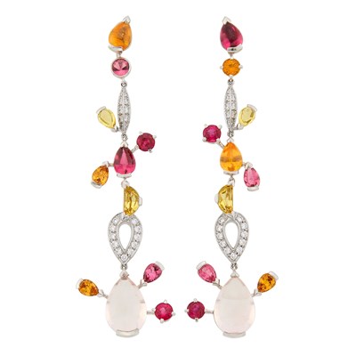 Lot 125 - Cartier Pair of White Gold, Colored Stone and Diamond 'Meli Melo' Pendant-Earrings, France