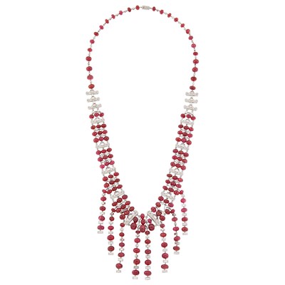Lot 107 - Platinum, Red Spinel Bead and Diamond Fringe Necklace