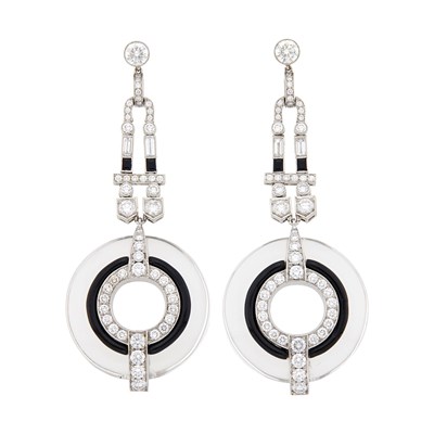 Lot 141 - Pair of White Gold, Rock Crystal, Diamond and Black Enamel Pendant-Earrings