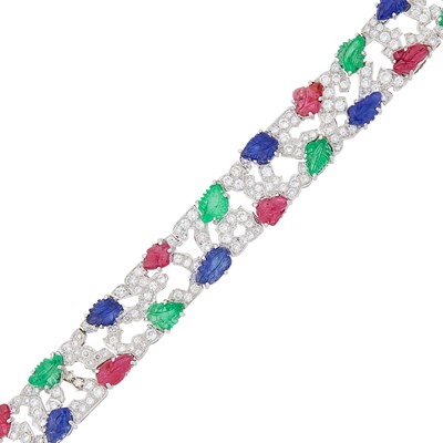 Lot 109 - Platinum, Carved Colored Stone and Diamond Bracelet