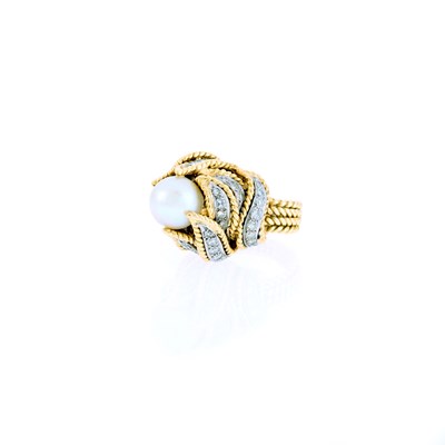 Lot 2004 - Two-Color Gold, Cultured Pearl and Diamond Ring