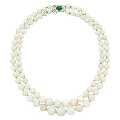 Lot 1062 - Double Strand Opal Bead Necklace with Platinum, Cabochon Emerald and Diamond Clasp
