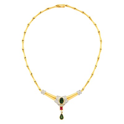 Lot 1119 - Peter Lindeman Gold, Green Sapphire, Ruby and Diamond Necklace