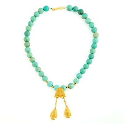 Lot 2073 - Gold and Turquoise Bead Fish Charm Necklace