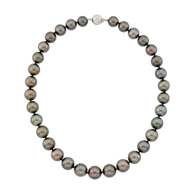 Lot 1164 - Tahitian Gray Cultured Pearl Necklace with Fluted White Gold and Diamond Ball Clasp