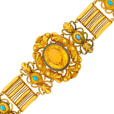 Lot 1075 - Antique Repoussé Gold, Citrine, Black Enamel and Turquoise Bracelet