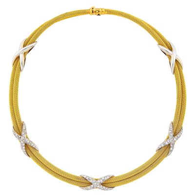 Lot 1113 - Double Strand Two-Color Gold and Diamond Braided Mesh Necklace
