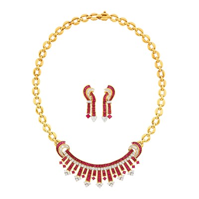 Lot 1125 - Gold, Ruby and Diamond Necklace and Pair of Pendant-Earrings