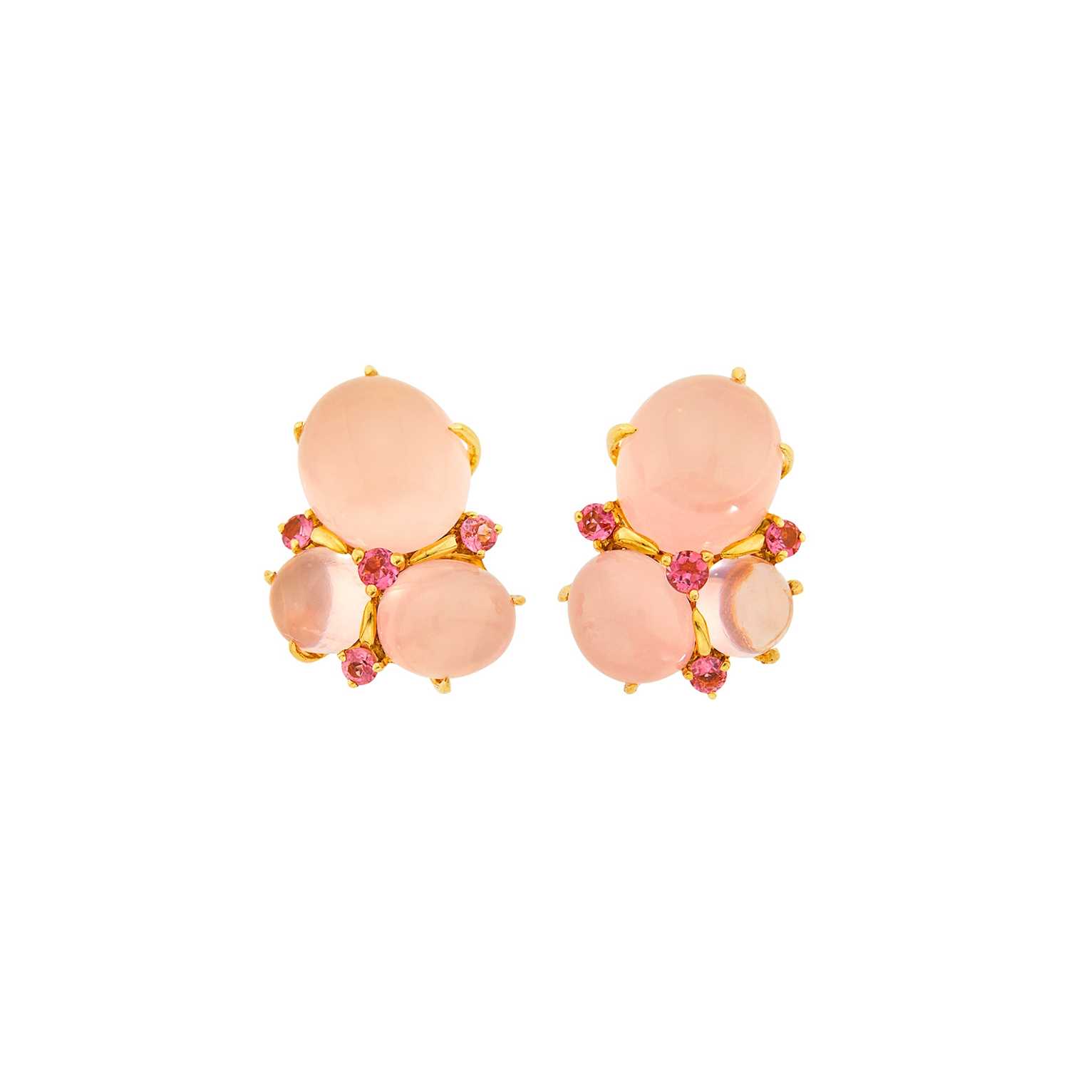 Lot 2 - Seaman Schepps Pair of Gold, Cabochon Rose Quartz, Moonstone and Pink Tourmaline 'Three Cab' Earrings