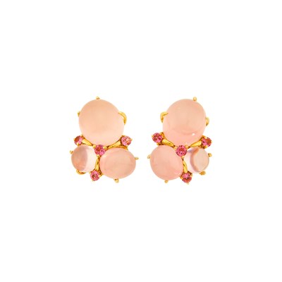 Lot 2 - Seaman Schepps Pair of Gold, Cabochon Rose Quartz, Moonstone and Pink Tourmaline 'Three Cab' Earrings