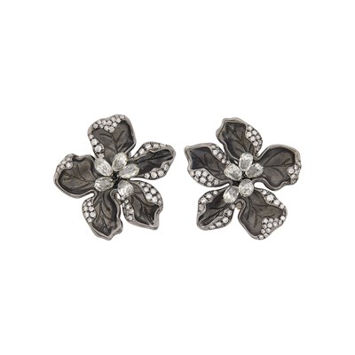 Lot 55 - Piranesi Pair of Blackened White Gold 'En Tremblant' Briolette Diamond and Diamond Flower Earrings