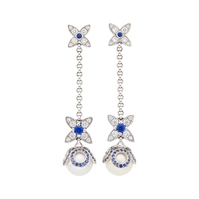 Lot 121 - Louis Vuitton Pair of White Gold, Diamond, Sapphire and Cultured Pearl Pendant-Earrings, France
