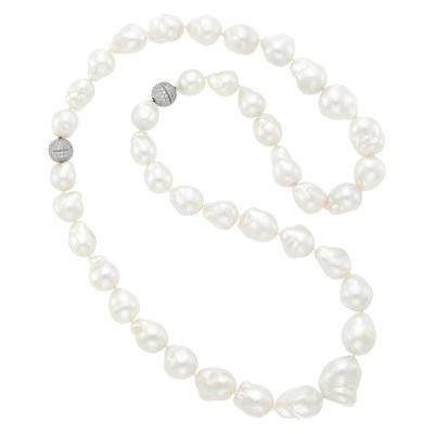 Lot 1165 - Long South Sea Baroque Cultured Pearl Necklace/Two Necklaces with White Gold and Diamond Ball Clasps