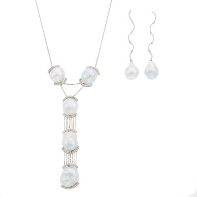 Lot 1205 - White Gold, South Sea Baroque Cultured Pearl and Diamond Pendant Necklace and Pair of Pendant-Earrings