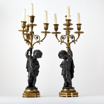 Lot 401 - Pair of Fine Louis XVI Style Gilt and Patinated Bronze Figural Four-Light Candelabra