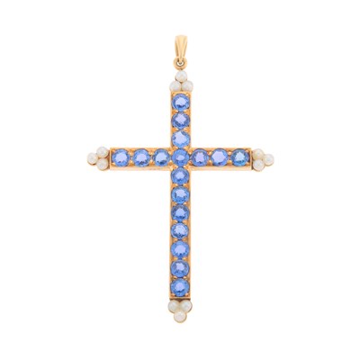 Lot 1219 - Gold, Montana Sapphire, Sapphire and Seed Pearl Cross Pendant