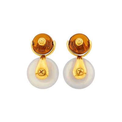 Lot 137 - Marina B Pair of Gold and Interchangeable Hardstone and Multicolored Stone 'Cardan' Pendant-Earclips