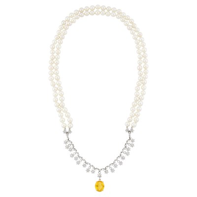 Lot 1146 - Double Strand Cultured Pearl, Two-Color Gold, Orangy Yellow Sapphire and Diamond Necklace