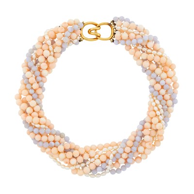 Lot 5 - Tiffany & Co. Multistrand Angel Skin Coral and Blue Lace Agate Bead and Freshwater Pearl Torsade Necklace with Gold Clasp