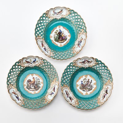 Lot 516 - Set of Three Meissen Porcelain Turquoise-Ground Ornithological Reticulated Plates