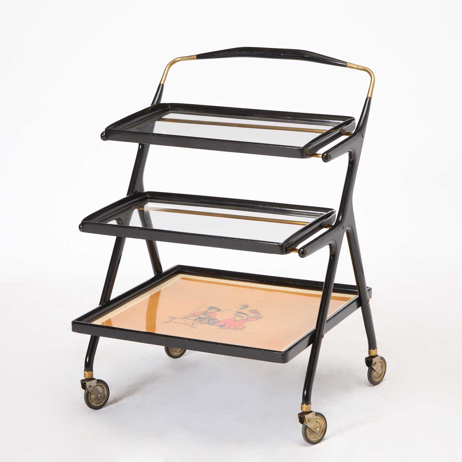 Lot 57 - Italian Mid-Century Ebonized, Glass and Brass Bar Cart