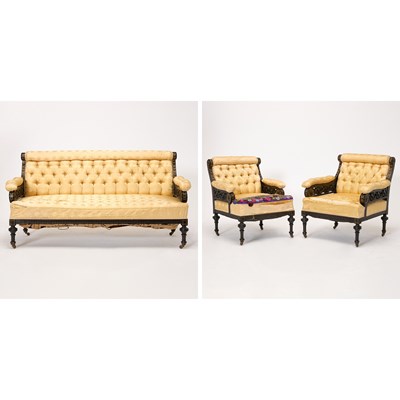 Lot 159 - Aesthetic Movement Ebonized and Parcel-Gilt Three-Piece Parlor Suite