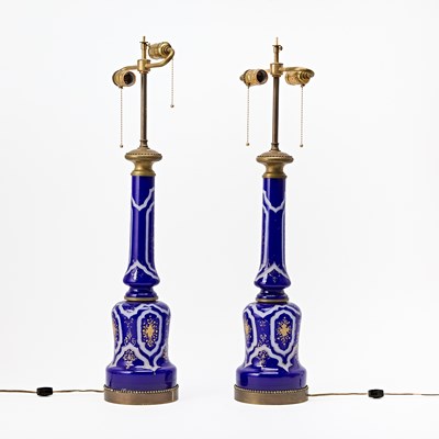 Lot 158 - Pair of Bronze Mounted Gilt Decorated Cobalt Blue Glass Lamps