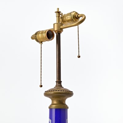 Lot 158 - Pair of Bronze Mounted Gilt Decorated Cobalt Blue Glass Lamps