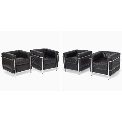 Lot 359 - Set of Four Le Corbusier for Cassina Steel and Leather Upholstered “LC2” Armchairs