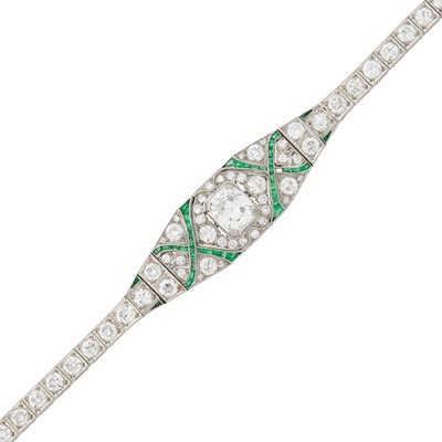 Lot 65 - Platinum, Diamond and Emerald Bracelet