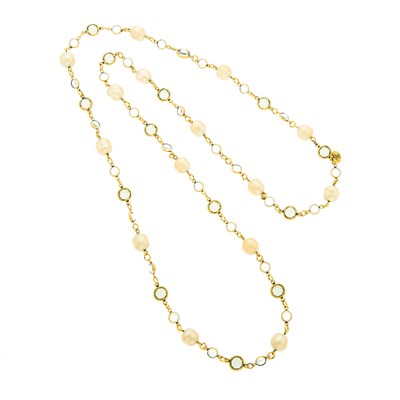 Lot 1129 - Chanel Long Imitation Pearl and Paste 'Chicklet' Necklace
