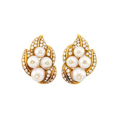 Lot 101 - Pair of Gold, Cultured Pearl and Diamond Earclips, France