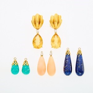 Lot 2178 - Pair of Gold, Citrine and Diamond Pendant-Earrings with Interchangeable Pendants