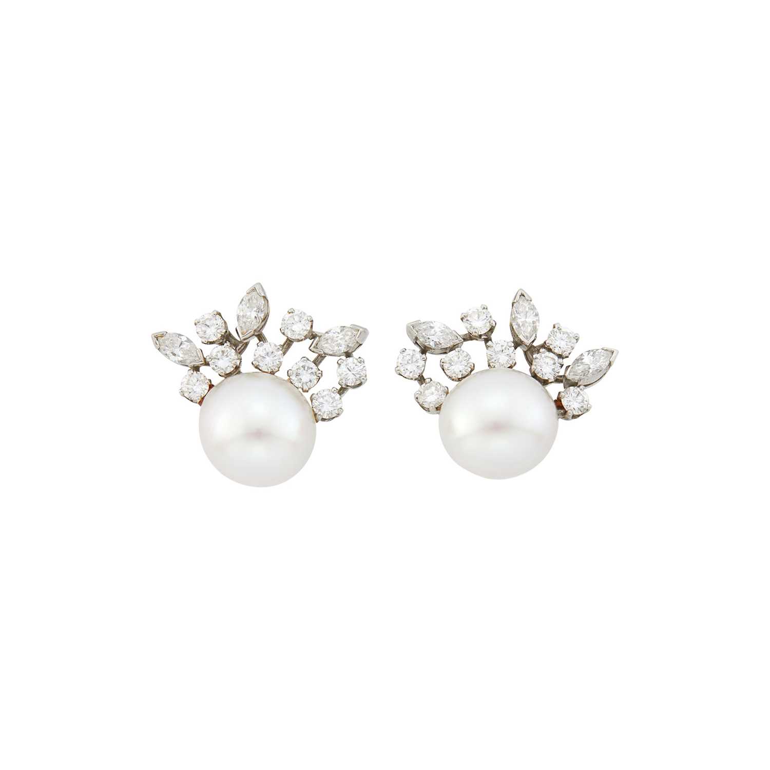 Lot 69 - Pair of Platinum, Cultured Pearl and Diamond Earclips